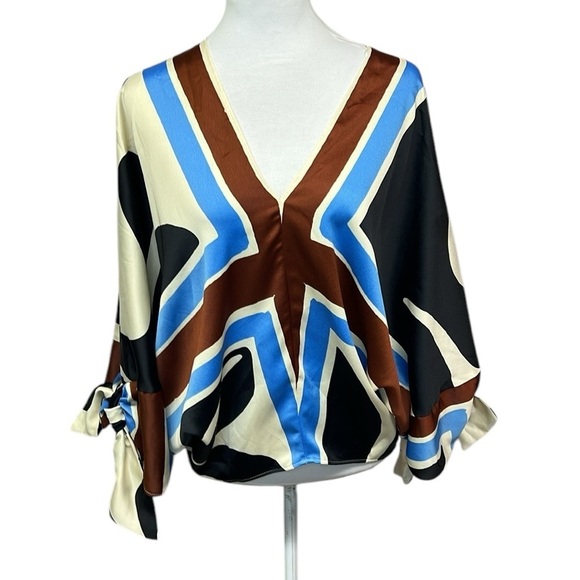 Zara Multicolored Graphic Tie Sleeve Blouse - Picture 4 of 6